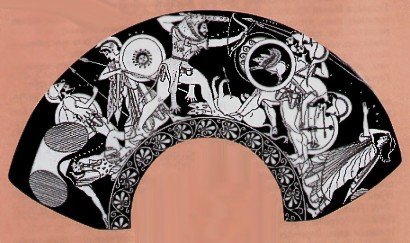 Поверженный Гераклом пес Орф у ног великана Гериона. Фраг. изображения на др. амфоре. ок.540 г. до н.э.